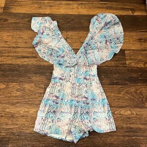 Lovers + Friends Blue and White Printed Flutter-Sleeve Romper